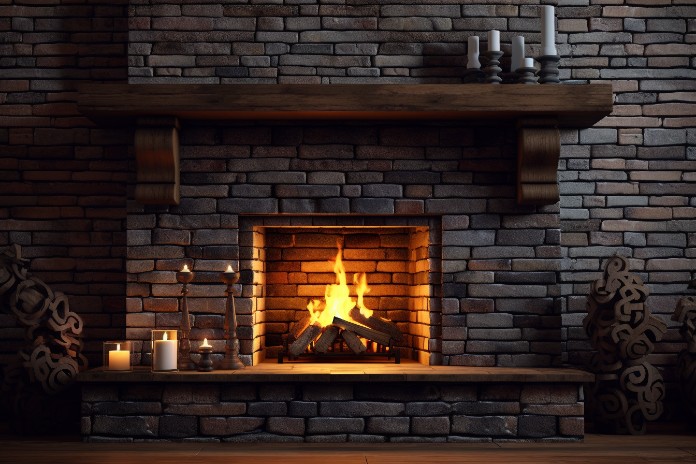 Red brick fireplace with a rustic wooden mantel