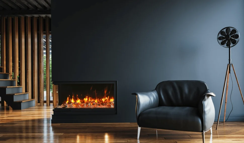 Amantii Tru-View three sided electric fireplace shown in left corner configurations in modern traditional office space.