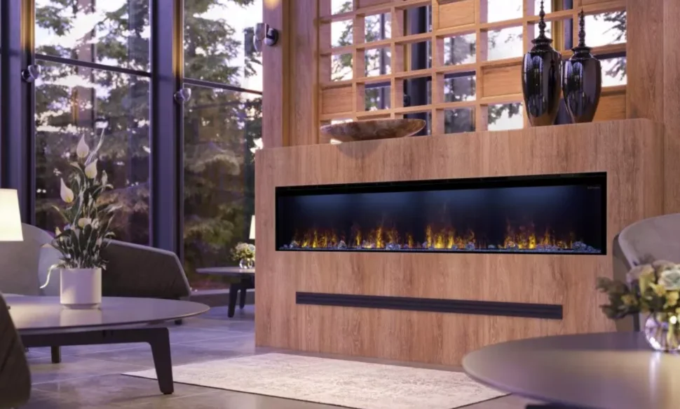 The Dimplex OptiMyst shown in a ski lodge with wooden surround and luxury heat vent.