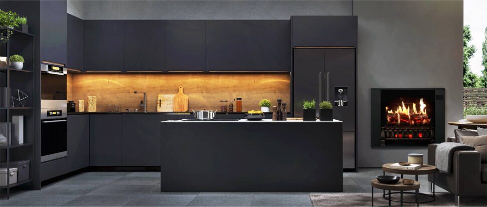 MagikFlame Electric Fireplace shown in modern kitchen wall.