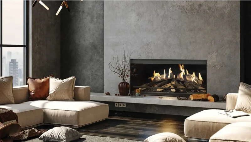 The NetZero E-One Electric Fireplace in a modern living room with full decor and modern chimney and hearth of faux granite.