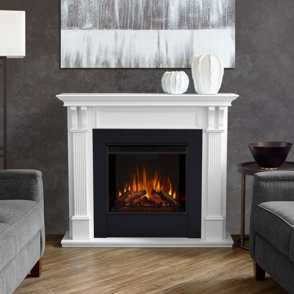 The Real Flame Ashley shown in a living room setting with a white mantel and black surround.