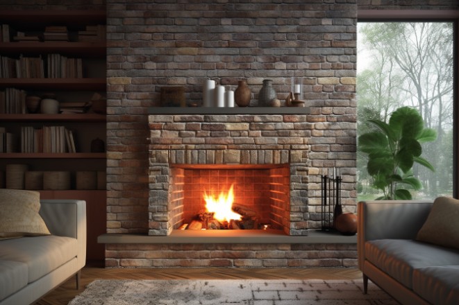 Brick fireplace featuring a decorative mantel