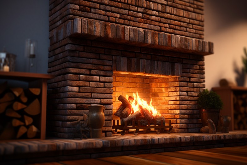 Brick fireplace with built-in shelves for extra storage