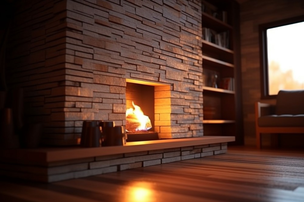 Luxury condo interior featuring a classic brick fireplace