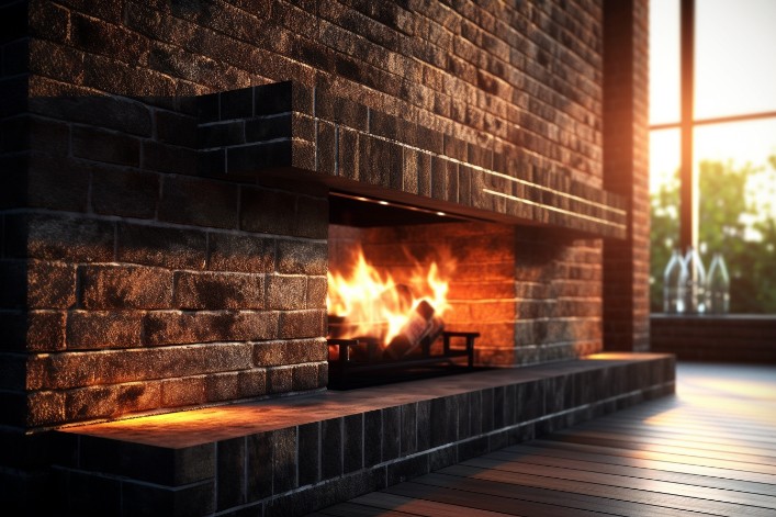 Brick fireplace with colorful vintage tiles on the surround