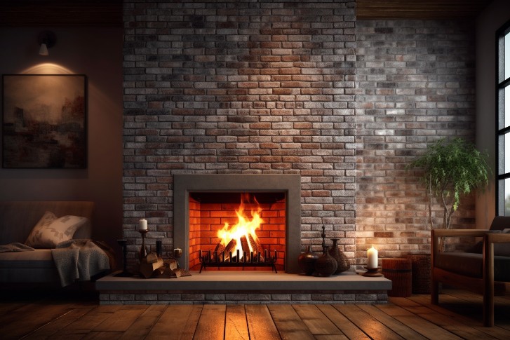 Image of a cozy red brick fireplace in a living room