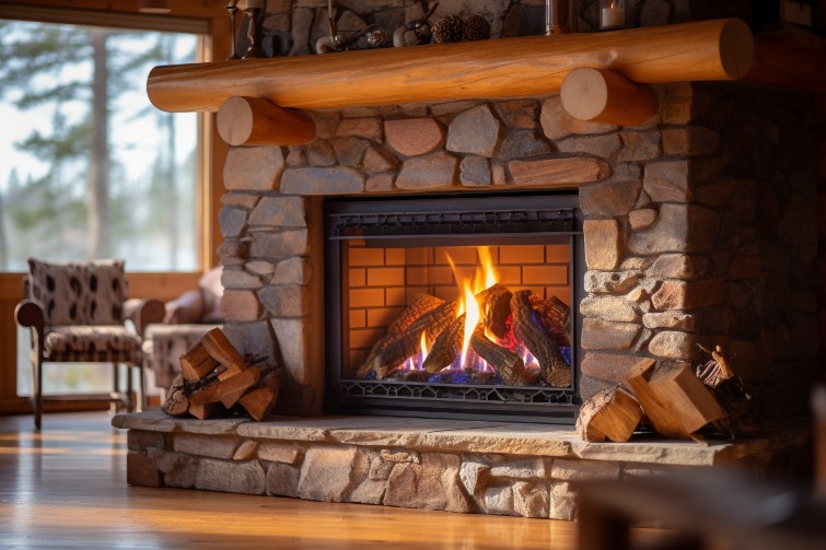 A wood burning fireplace with a fire going in a modern log cabin.