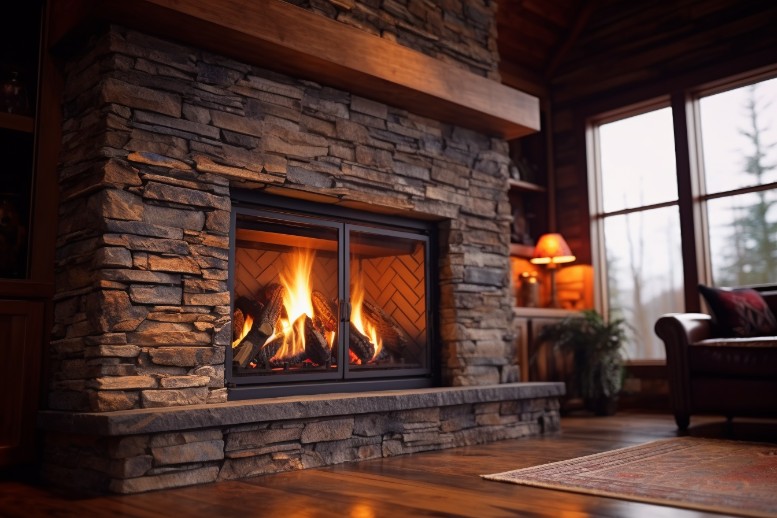 Wood burning fireplace with heat-efficient glass doors
