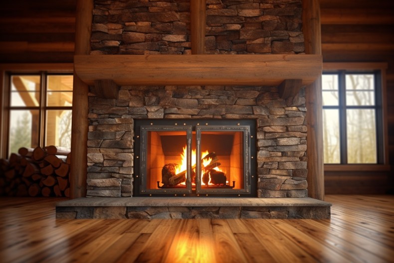 Wood burning fireplace in a cozy log cabin