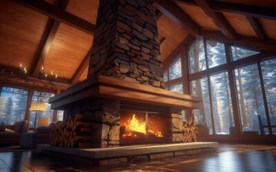 Rustic style wood burning fireplace with a stone mantel