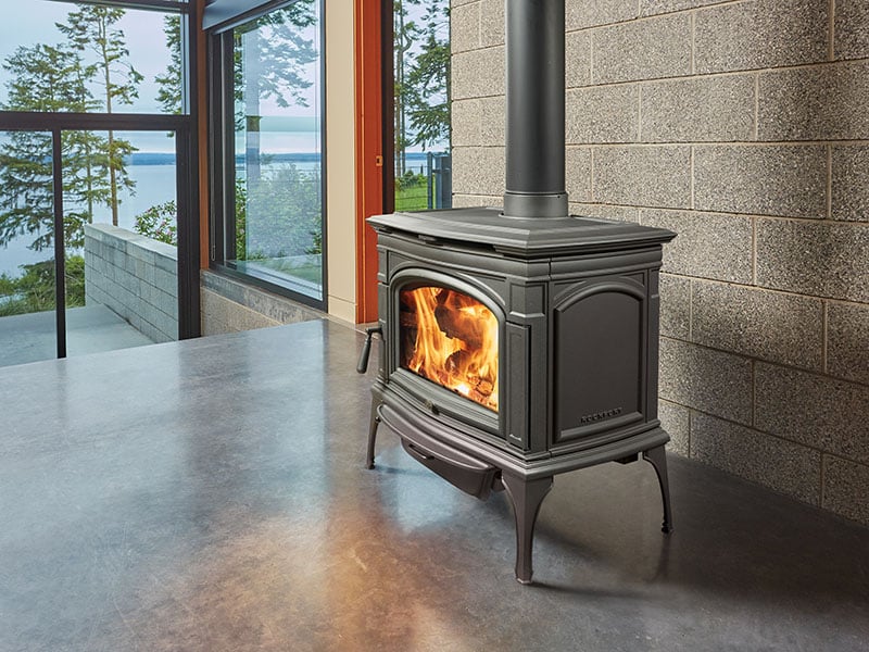 Lopi Gas Stove features large glass viewing display and cozy heat.