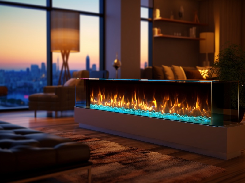 Commercial Electric Fireplace in lobby with setting sun in background
