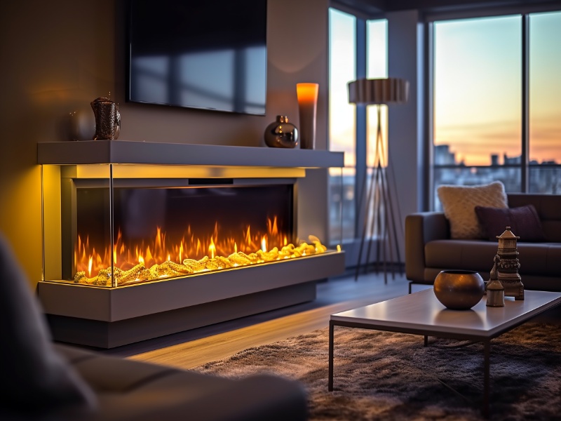 Electric Fireplace for home. Yellow with blue glass media set against wall.