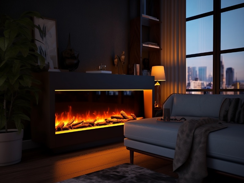 Electric fireplace in dimly lit large room. Electric flames shine bright.