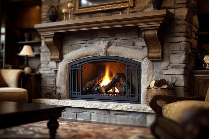 A wood burning fireplace that was converted to gas.