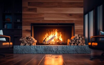 Wood-burning fireplace with burning bright with wood pile on both sides of stone hearth.