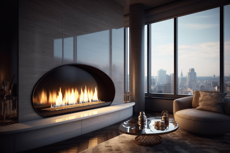 Rounded Vent Free Gas Log Fireplace in luxury high rise.