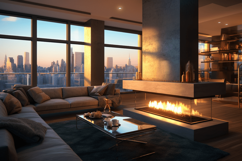 Gas Fireplace in penthouse suite.