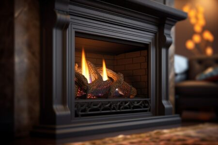 Ventless Gas Insert Fireplaces with dark mantel and stone design