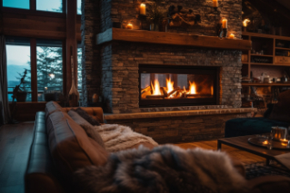 Which is Better: Vented or Non-Vented Gas Logs? Gas log set in rustic modern cabin with wood mantel and rock fireplace.