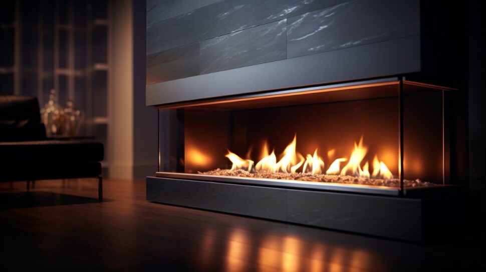 Sleek black linear gas fireplace design