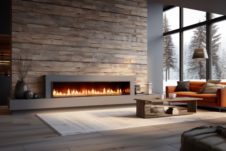 Rustic style linear gas fireplace with a wooden mantel
