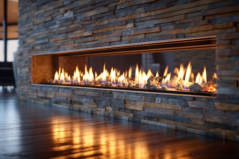Linear gas fireplace with a rustic stone surround