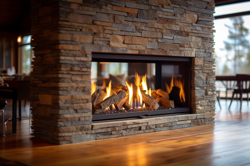 Double-sided linear gas fireplace in a room divider