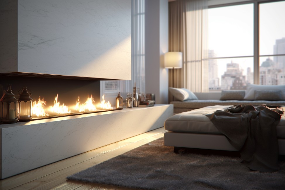 Luxury condo living room featuring a linear gas fireplace