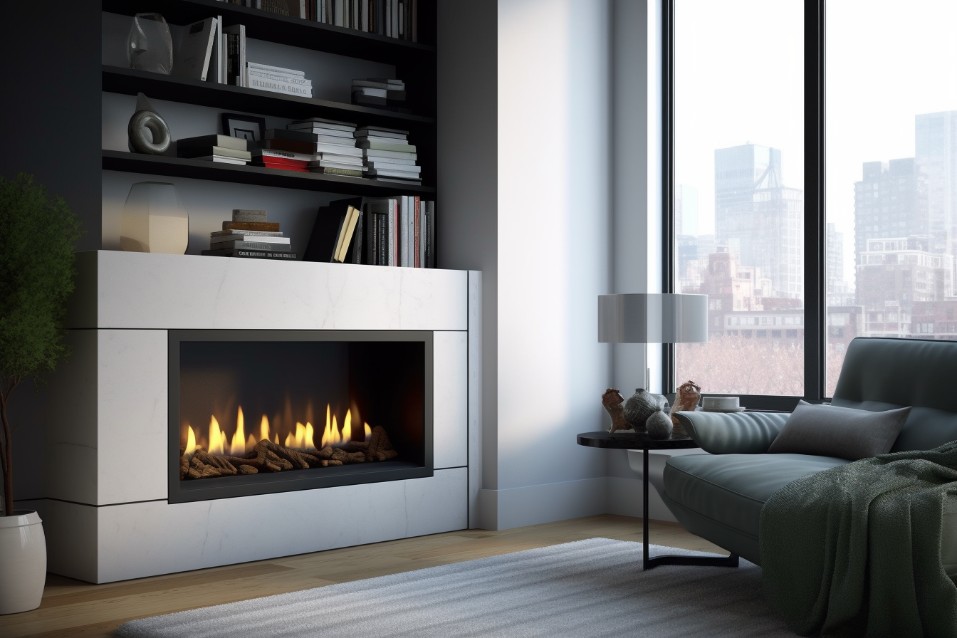 Linear gas fireplace with built-in bookshelves on each side