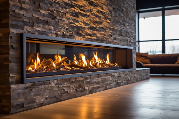 Ventless linear gas fireplace in a contemporary living space