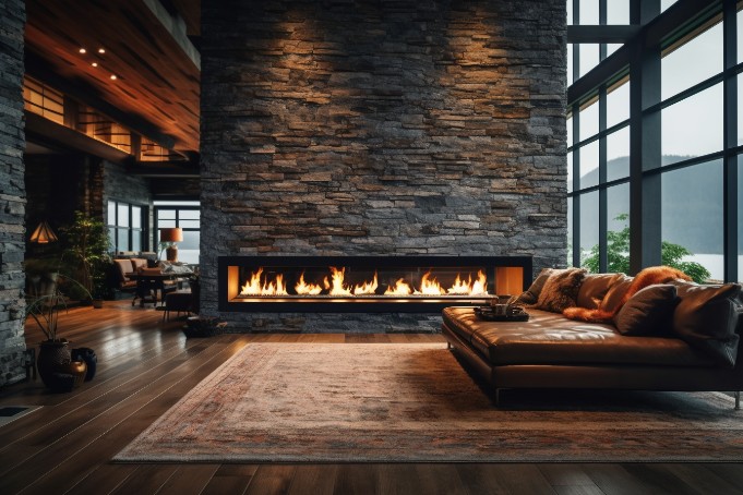 Cozy winter lodge interior with a linear gas fireplace