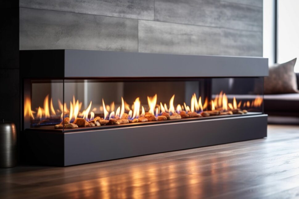 Linear gas fireplace with a highly reflective interior