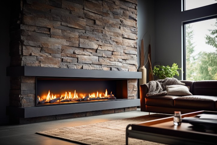 Linear gas fireplace featuring a slate shelf as oversized mantel
