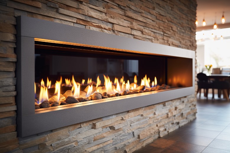 Linear gas fireplace enhancing the ambiance in a commercial lobby