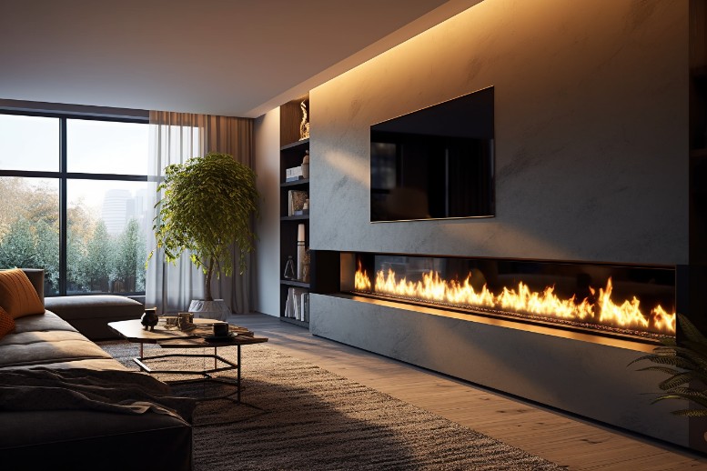 Relaxing spa environment with a linear gas fireplace