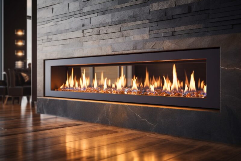 Doubled Sided Linear gas fireplace showcasing variable flame height feature