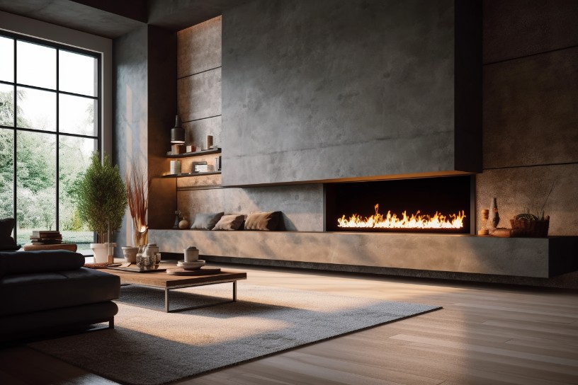 Eco-friendly linear gas fireplace in a modern living room