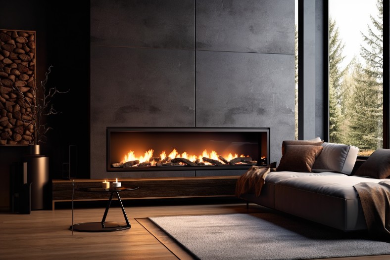 Linear gas fireplace with a striking stone surround