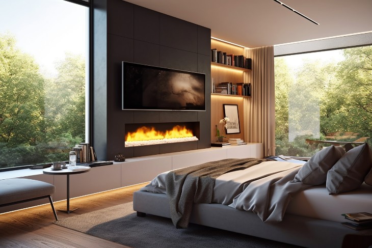 Linear gas fireplace with an artistic wave design on the surround