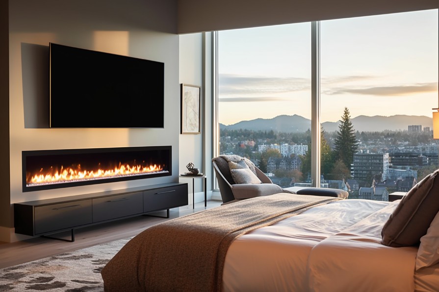 Linear gas fireplace for master bedroom suite