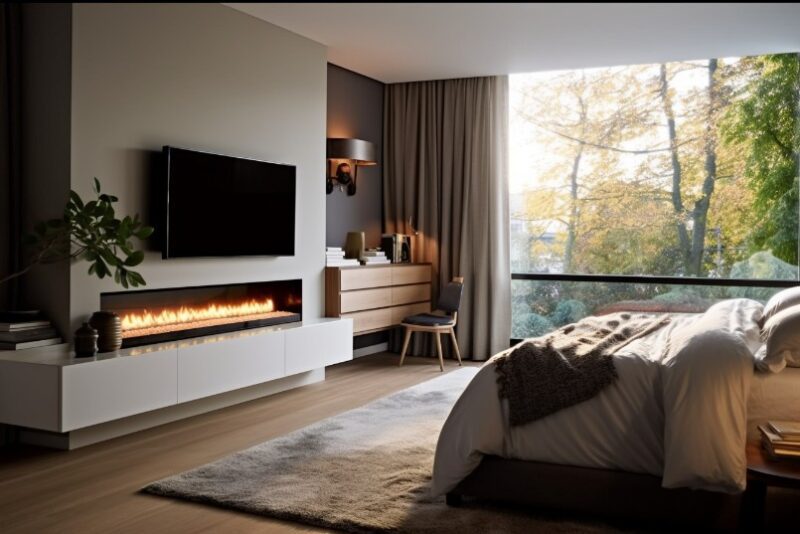 Comfortable master suite bedroom featuring a linear gas fireplace