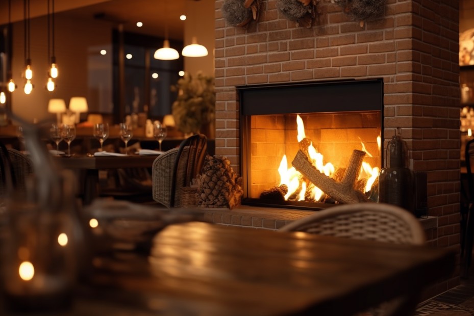 Cozy fireplace in restaurant 