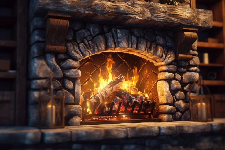 Classic brick fireplace with a stately oak mantel