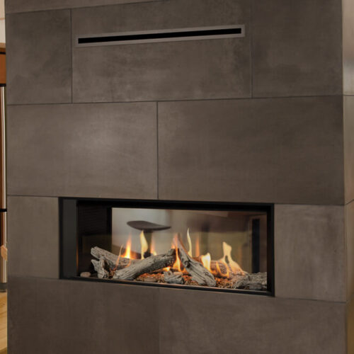 See-Thru Gas Fireplace with Minimalist Design in marble covered island