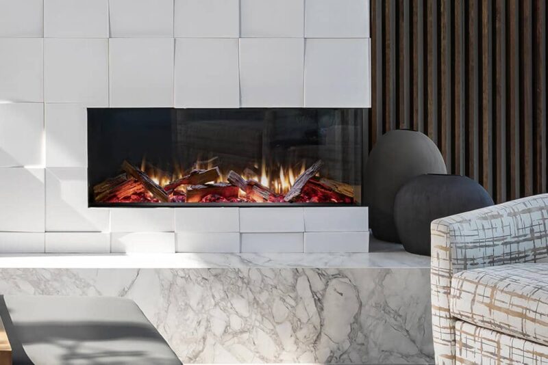 Patterned tile in fireplace surround