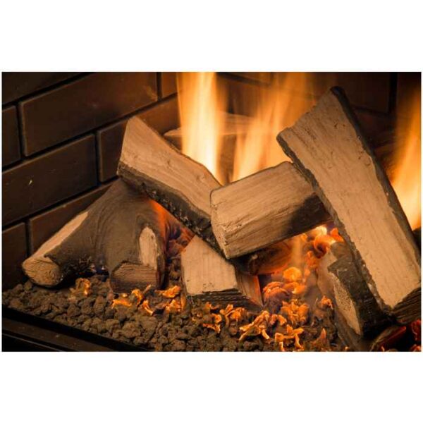 Close up image or Aboot 30 gas fireplace insert with logs and flame in full view.