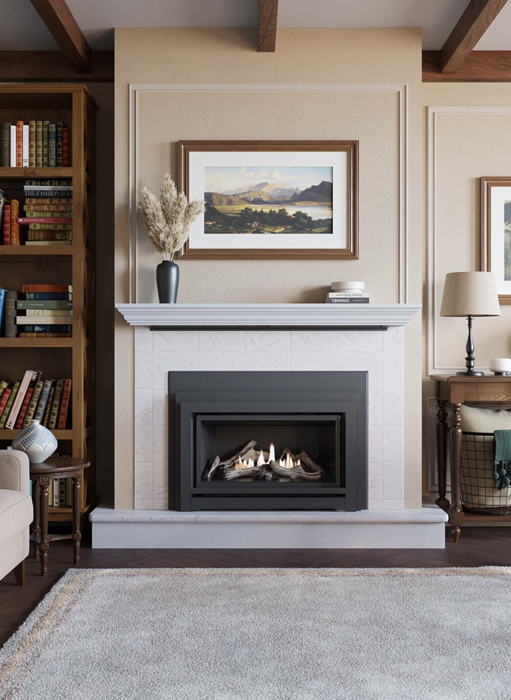 Cozy and elegantly designed living room featuring a classic fireplace with a stone mantel.