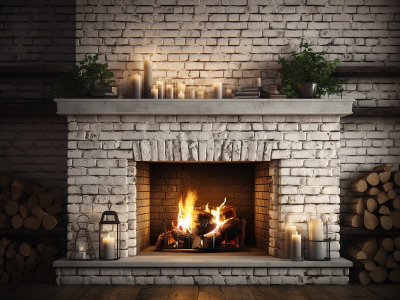 A painted brick fireplace made white using paint.